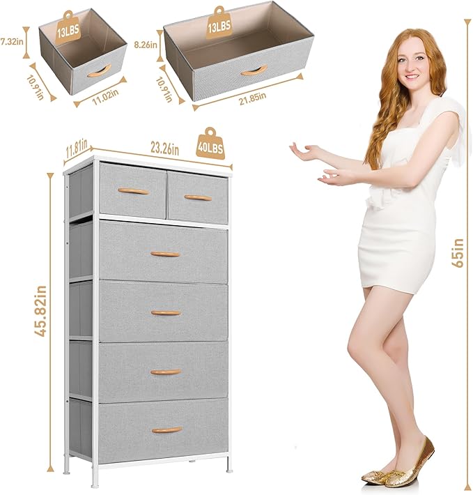 Tall Dresser for Bedroom, Vertical Storage Organizer Tower with 6 Drawers, Chest of Drawers with Fabric Bins, Steel Frame, Wood Top for Bedroom, Closet, Entryway- Light Grey