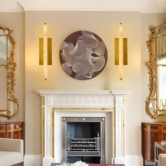 Alabaster Wall Sconces Set of Two, 25" Brass Alabaster Sconce, Spanish Natural Marble Wall Sconce Lamp Indoor, Rectangle Modern Sconces Lighting for Bathroom Living Room Bedroom Stairs Hallway