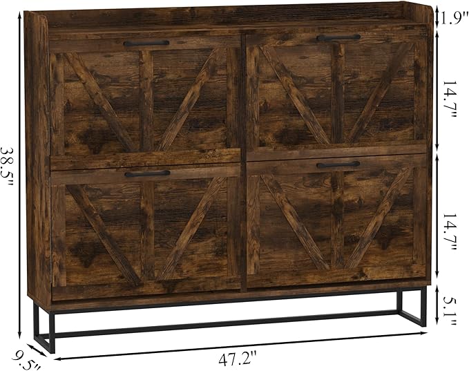 MISHAO Shoe Storage Cabinet with 4 Flip Drawers, Narrow Hidden Shoe Cabinet with Metal Legs & Adjustable Shelf, Freestanding Slim Shoe Rack Organizer for Entryway, Rustic Brown