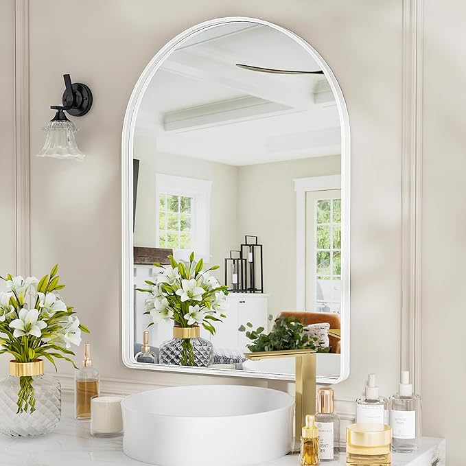 Suidia 24" x 36" Bathroom Mirror, Bathroom Vanity Mirror Metal Framed, Wall-Mounted Mirrors for Bedroom, Living Room, Entryway, Hallway, White, Arch Style