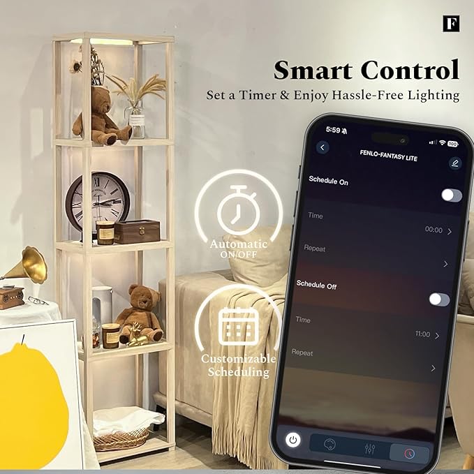 FENLO LED Display Shelf Unit – Dimmable Lighted Furniture for Bedroom, Living Room, or Office – Glass Curio Cabinet Shelf Lamp with App + Remote Control + Adjustable Lighting