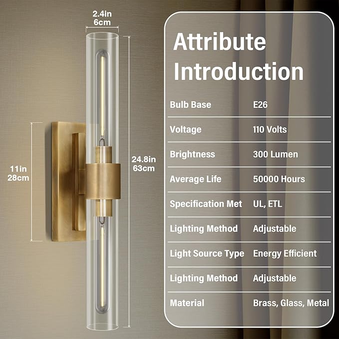 Wall Sconce, Brass Sconce for Bathroom Vanity, Gold Mirror Wall Light, 22.8" Indoor Wall Light Fixtures, Two Glass Tube Brass Wall Sconce for Bathroom, Bedroom, Vanity, Living Room