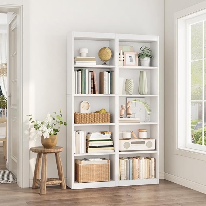 5-Tier Bookcase Set of 2, Open Storage Shelf, Narrow Tall Book Shelf, Freestanding Display Storage Shelves Suitable for Home Office, Living Room and Bedroom, White
