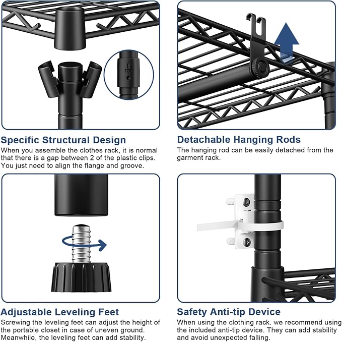 Ulif E12 Clothes Rack，Heavy Duty Freestanding Garment Rack with Shelves，Metal Clothing Closet Storage System for Hanging Clothes，71" W x 16" D x 76.5" H, Hold 960 lbs，Black