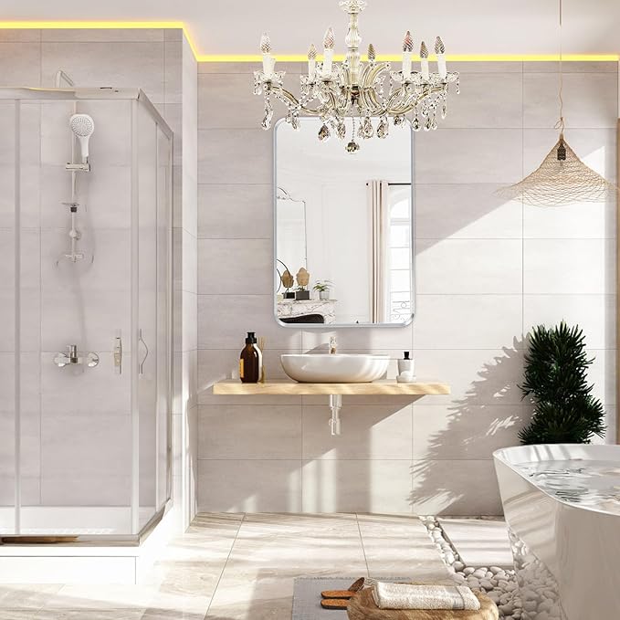 Silver Framed Bathroom Mirror, Brushed Nickel Large Rounded Corner Rectangle Wall Mirror, Tempered Glass, Shatter Proof, Anti-Rust, Hangs Horizontally or Vertically (28" x 36", Silver)