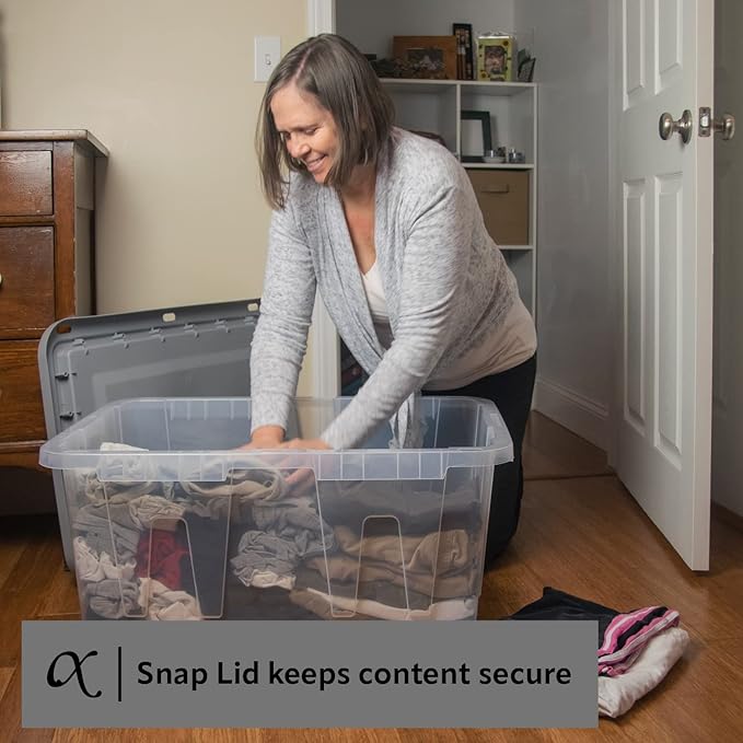 CX BLACK & YELLOW, 27-Gallon Heavy Duty Clear Storage Container & Snap-Tight Lid, Clear & Grey (14.3"H x 20.6"W x 30.6"D), Weather-Resistant, Stackable, See-Through Organization Tote [4 Pack]