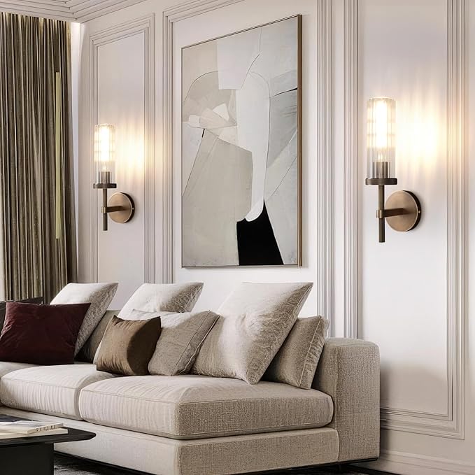 15" Knurled Brass Wall Sconces Set of 2, Bronze Bathroom Vanity Light Fixtures with Vertical Striped Glass Tube, Modern Lamp Lighting for Bedroom, Living Room, Hallway, Staircase, Mirror, Kitchen