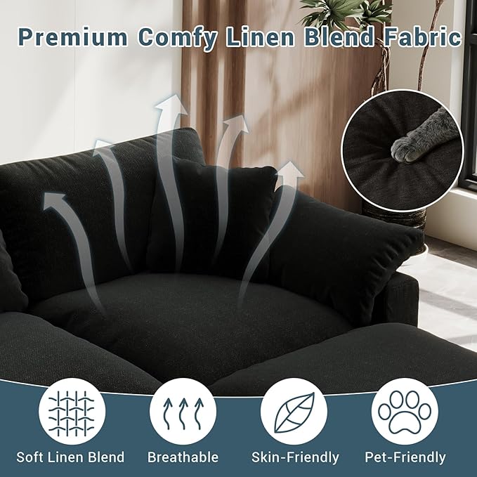 Oversized Cloud Sectional Couches for Living Room, 110.8" Comfy Down Filled Couch, Convertible 4 Seater Modular Sectional Sofa with Removable Covers, Deep Seat Modular Couch, Black