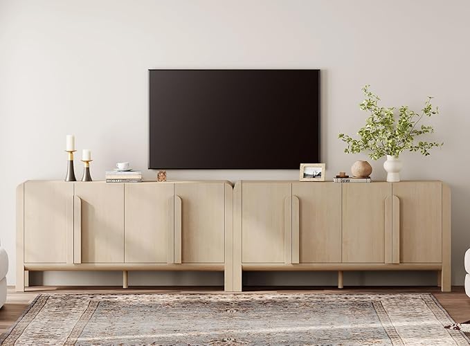 WAMPAT Modern TV Stand for TVs Up to 120 inches, 126" W Farmhouse Entertainment Center with Adjustable Shelf and 4 Doors, Media Console Table TV Cabinet for Living Room, Light Oak