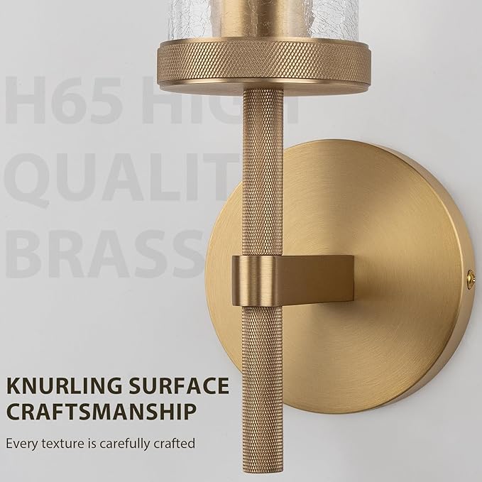 15" Knurled Brass Wall Sconces Set of 2, Gold Bathroom Vanity Light Fixtures with Crackle Glass Tube, Modern Lamp Lighting for Bedroom, Living Room, Hallway, Staircase, Mirror, Kitchen