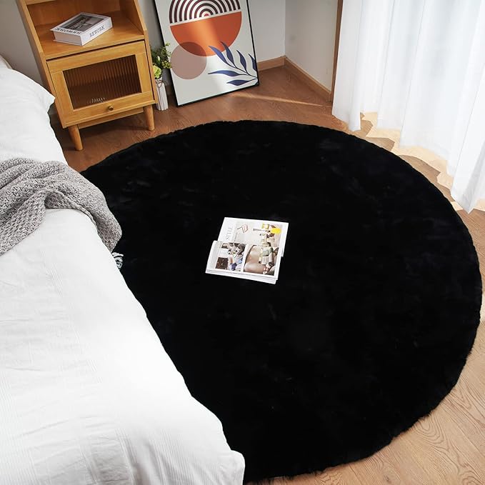Ghouse Faux Rabbit Fur Round Rug 8ft Black Round Rugs for Bedroom Decor Fluffy Area Rugs for Living Room, no-Shedding Carpet Sheepskin Washable Rug Rome Decor