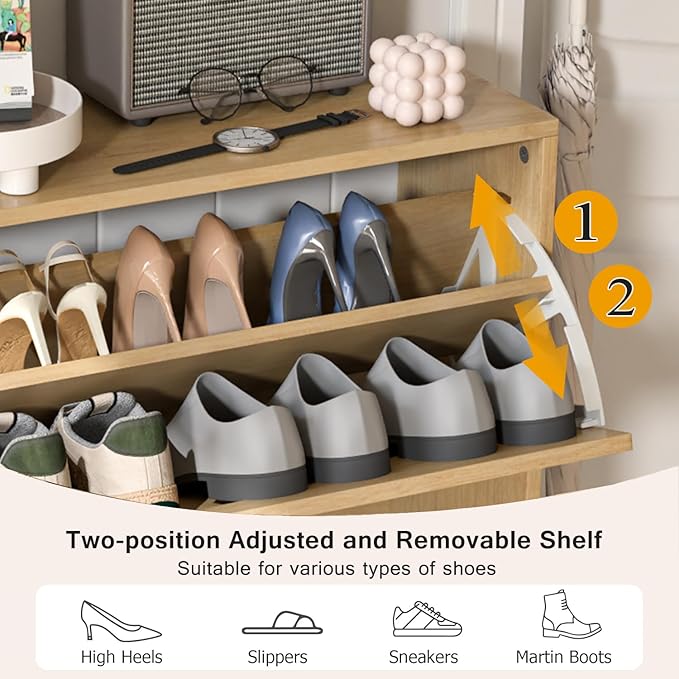Shoe Storage Cabinet for Entryway with 2 Flip Drawers, Narrow Wood Shoe Cabinet with Fluted Panel, Freestanding Hidden Shoe Organizer for Foyer, Hallway (Wood Color)