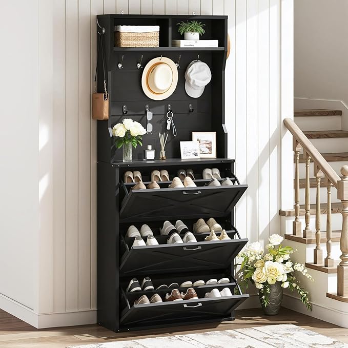 Farmhouse Tall Shoe Cabinet with Coat Rack, Narrow Hidden Shoe Storage Cabinet with 3 Flip Drawers, 2 in 1 Hall Tree with Hooks, Narrow Shoe Organizer for Entryway, Hallway, Black