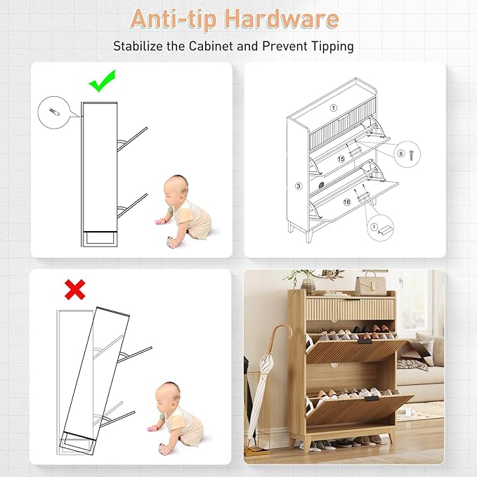 Maupvit Fluted Shoe Cabinet with 2 Flip Drawers & Large Drawer, Freestanding Shoe Storage with Adjustable Shelf, Shoes Organizer Shoe Rack for Entryway, Hallway, Front Door Entrance