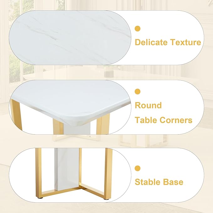 67-inch Modern Dining Table Set for 6 with 1.8 Inch Faux Marble Table Top & 6 PU Leather Chairs, White Luxury Kitchen and Dining Room Furniture Set