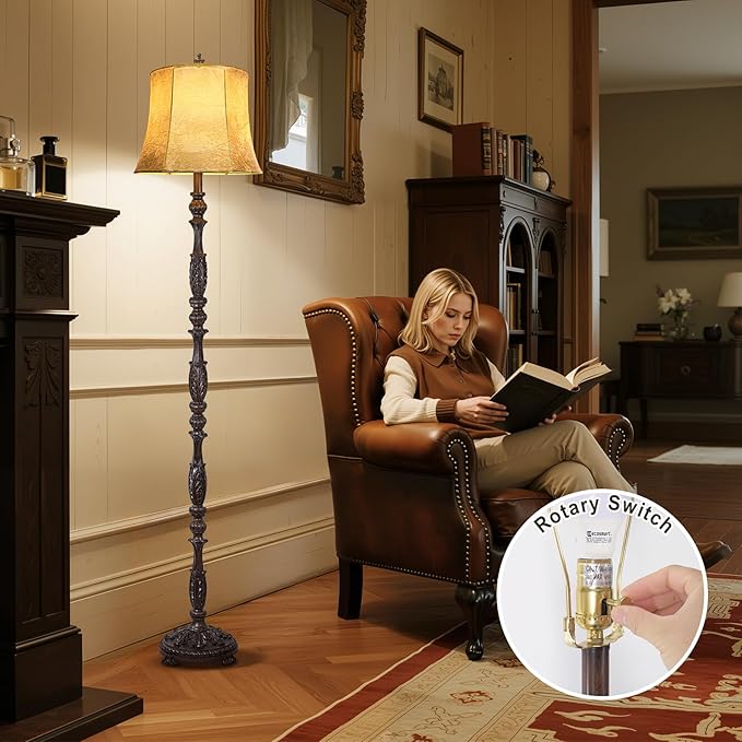 Scenekoy Vintage 66” Tall Floor Lamp for Living Room Bedroom, Retro Resin Carved Standing Lamp with Faux Leather Shade, 3-Way Adjustable Bulb, Rotary Switch Rustic Corner Light for Home Decor