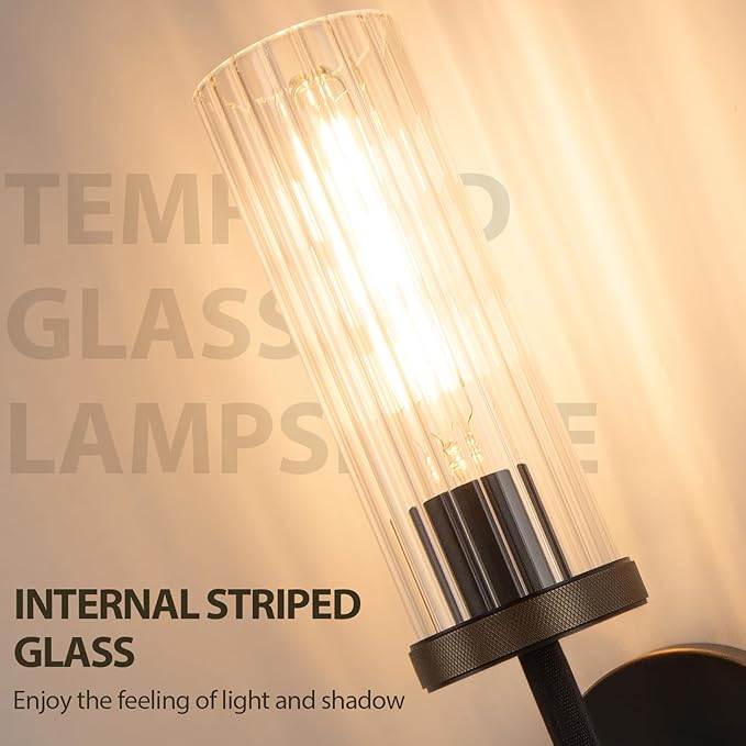 15" Knurled Brass Wall Sconces Set of 2, Black Gold Bathroom Vanity Light Fixtures with Vertical Striped Glass Tube, Modern Lamp Lighting for Bedroom, Living Room, Hallway, Staircase, Mirror, Kitchen