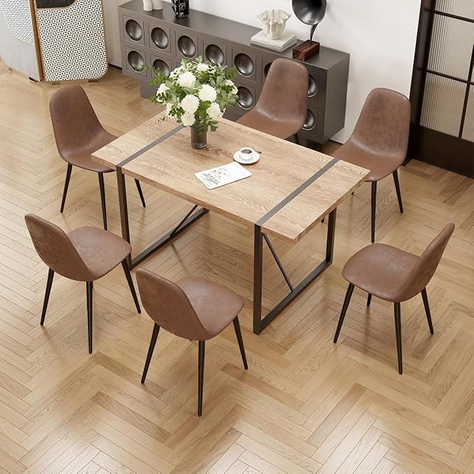 7 Piece Dining Table Set for 6,Modern 55'' Rectangle Wood Dining Table and Fabric Dining Chairs 6,Kitchen Table and Chairs for 6,Ideal for Kitchen Dining Room