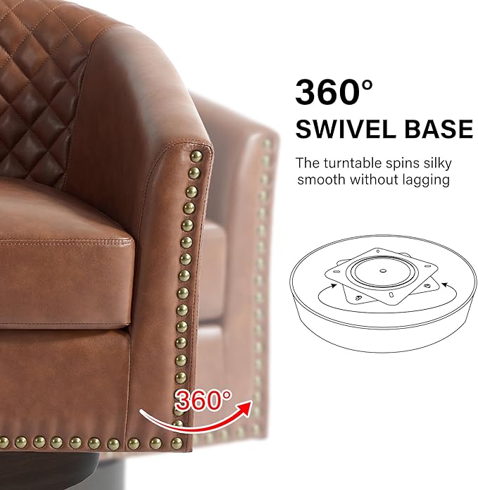 Swivel Barrel Accent Chair, Comfy Modern Upholstered Round Faux Leather Arm Chair for Living Room, Bedroom（Brown, Set of 1