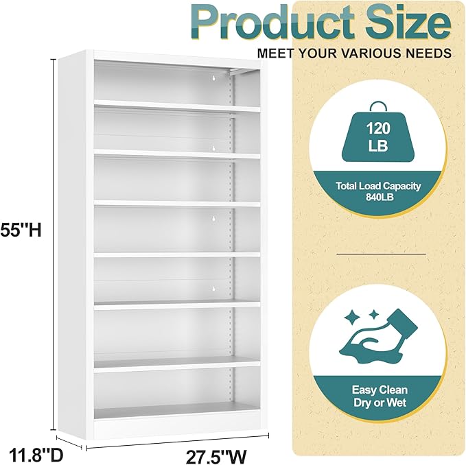 Heavy-Duty Steel Storage with 6 Adjustable Shelves , Metal Shelving Unit for Pantry, Office,Coffee Station– Easy Assembly, Multi-level Organizational Space(White, 7 Tier-55"H x 27.6"W x 11.8"D)