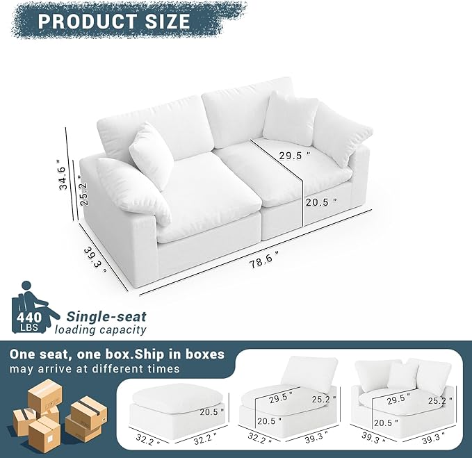 Oversized Cloud Sectional Couches for Living Room, 78.6" Comfy Down Filled Modular Sectional Sofa, 2 Seater Deep Seat Modular Couch with Removable Covers, White