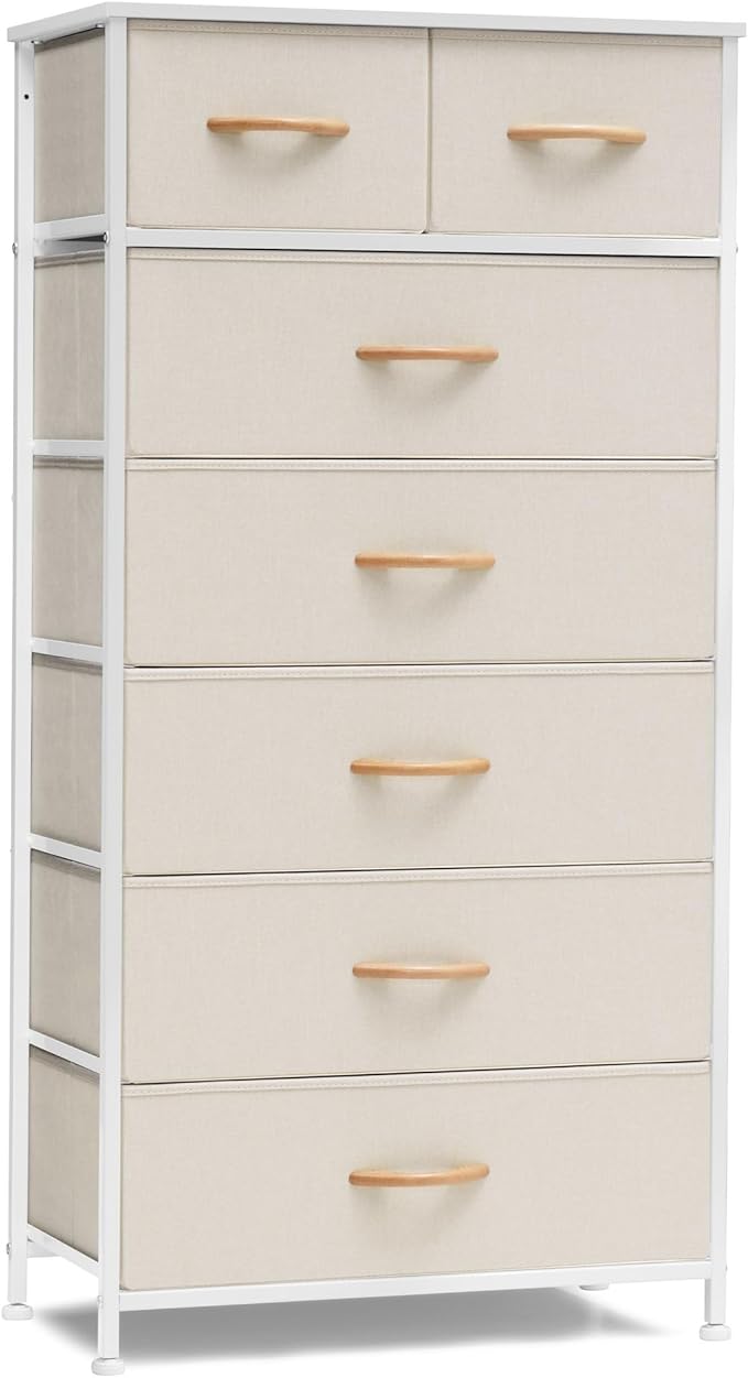 Crestlive Products Vertical Dresser Storage Tower - Sturdy Steel Frame, Wood Top, Easy Pull Fabric Bins, Wood Handles - Organizer Unit for Bedroom, Hallway, Entryway, Closets - 7 Drawers (Beige)
