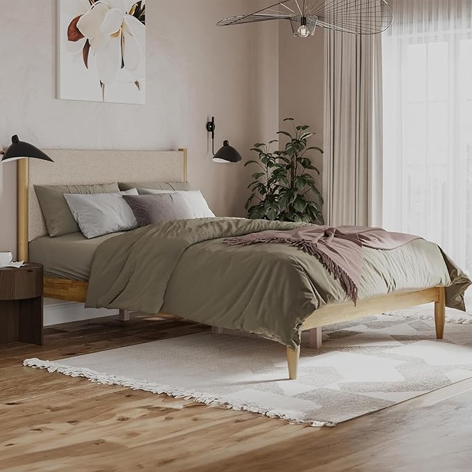 DG Casa Reign Boucle Mid-Century Modern King Size Wooden Platform Bed Frame - Upholstered in Taupe Boucle - Solid Wood with Natural Finish