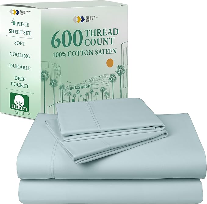 California Design Den Luxury King Size Sheet Set - 100% Cotton, 600 Thread Count Deep Pocket King Sheets, Hotel-Quality Bedding with Sateen Weave - Seafoam