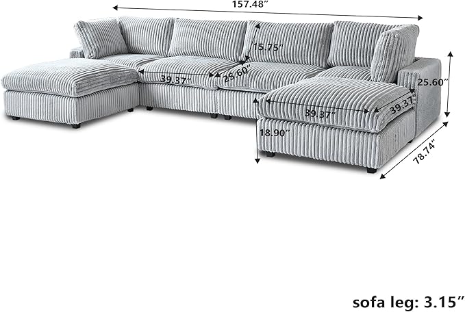 JACH Modern U Shape Sectional Couch, Convertable Modular Couches with Chaise Ottomans, Deep Seat Sofas, Sofa Covers Washable, Minimalist Plush Sofa for Living Room, Apartment, Light Grey