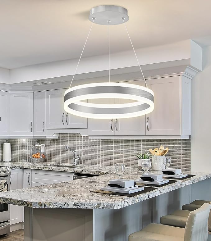 D15.7'' Modern Ring Chandelier for Dining Room LED Dimmable Pendant Lighting High Ceiling Chandelier for Living Room Foyer Bedroom Entryway 3000K-6000K Silver