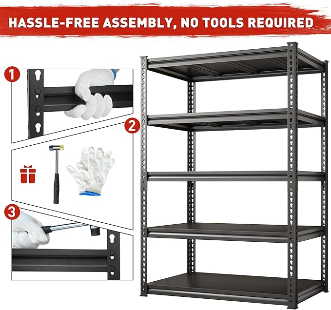 REIBII 72" H Garage Shelving Load 2500 LBS, Heavy Duty Storage Shelves, 5-Tier Adjustable Garage Shelves for Warehouse, Basement, 72" H x36 W x18 D, Black, 3 Pack
