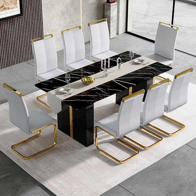 71'' Dining Table Set for 8， Faux Marble Dining Table Set for 8, Kitchen Table Set for 8 with PU Leather Chairs for Kitchen, Dining Room,Easy to Assemble