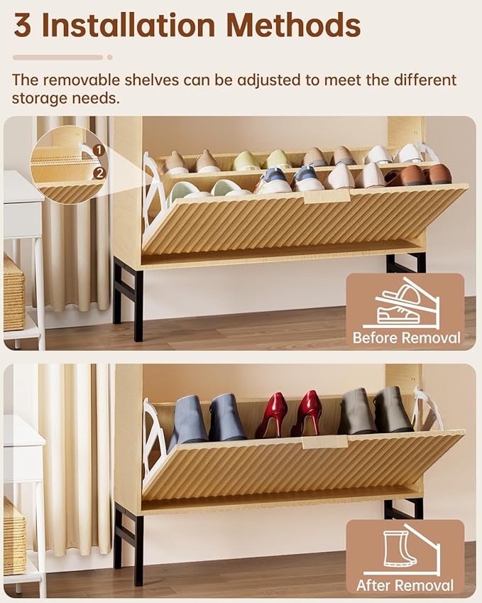 Shoe Cabinet, Fluted Shoe Cabinet Storage for Entryway with 2 Flip Drawers, Hidden Wooden Shoe Organizer with Metal Leg, Mid-Century Modern Narrow Shoe Rack for Hallway, Living Room (Nature)
