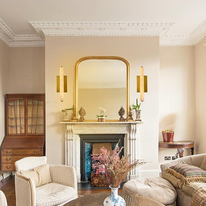 Alabaster Wall Sconces Set of Two, 15" Brass Alabaster Sconce, Spanish Natural Marble Wall Sconce Lamp Indoor, Rectangle Modern Sconces Lighting for Bathroom Living Room Bedroom Stairs Hallway