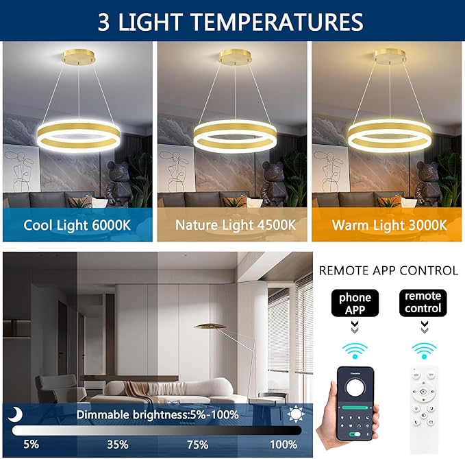 D15.7'' Modern Ring Chandelier for Dining Room LED Dimmable Pendant Lighting High Ceiling Chandelier for Living Room Foyer Bedroom Entryway 3000K-6000K Gold