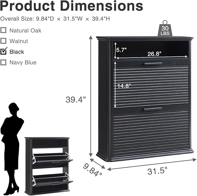 Okvnbjk Fluted Narrow Shoe Cabinet with 2 Flip Drawers, Shoe Storage Cabinet with Open Storage & Curved Profile Design, Wood Shoes Rack for Entryway, Hallway, Foyer, Black