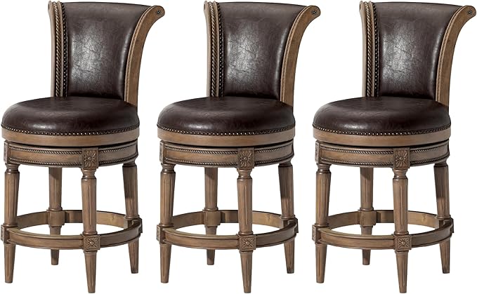Maven Lane Pullman Counter Stool 26 Inches – Set of 3 – Swivel Stools with Footrest – Brown Solid Wood Frame & Brown Faux Leather Upholstery – Perfect for Kitchen Islands & Counters