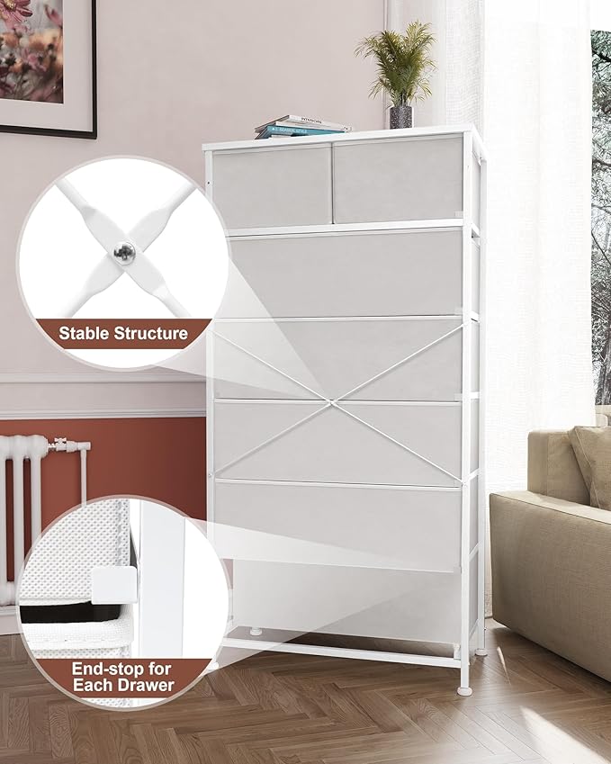 Crestlive Products Vertical Dresser Storage Tower - Sturdy Steel Frame, Wood Top, Easy Pull Fabric Bins, Handles - Organizer Unit for Bedroom, Hallway, Entryway, Closets - 7 Drawers (White)