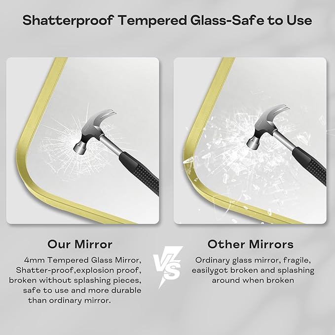 Wall Mount Mirror for Bathroom, Brushed Gold Metal Framed Rounded Corner Rectangular Vanity Mirror, Tempered Glass (28" x 36", Gold)