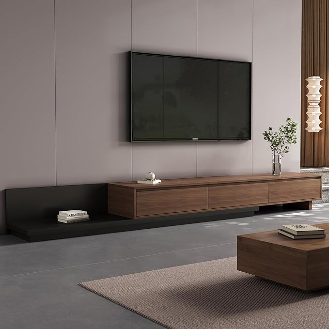 Mid-Century Modern Expandable TV Stand with 3 Drawers – Adjustable Entertainment Center for Living Room & Bedroom (79" to 130"), Stylish Walnut Brown Media Console