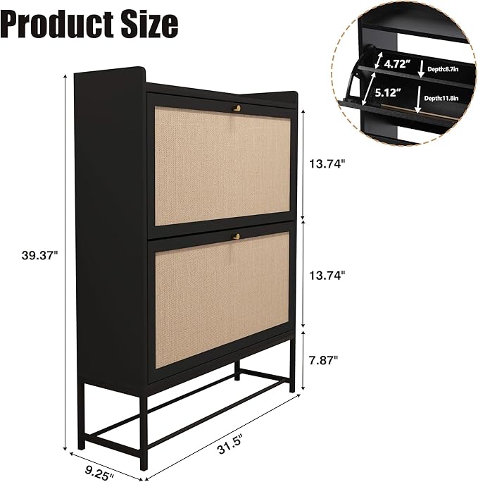 Narrow Shoe Storage Cabinet with 2 Flip Drawers, Freestanding Shoe Organizer Slim Shoe Cabinet Storage, Wooden Closed Shoe Rack for Entryway, Hallway, Living Room, Black
