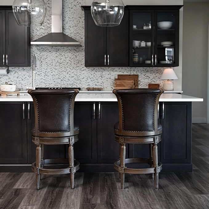 Maven Lane Pullman Counter Stool 26 Inches – Set of 4 – Swivel Stools with Footrest – Brown Solid Wood Frame & Brown Faux Leather Upholstery – Perfect for Kitchen Islands & Counters