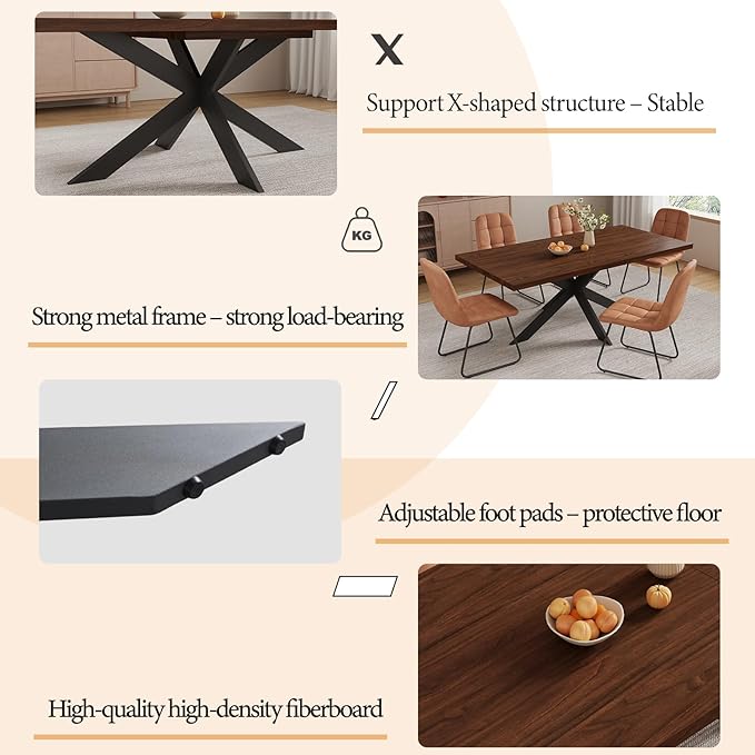 ZckyCine Expandable Dining Table Set for 6-8 People, Modern Rectangular Kitchen Table, 63"-79" Extendable, Walnut Finish, Metal Frame, 6 PU Leather Cushioned Chairs, Easy Assembly