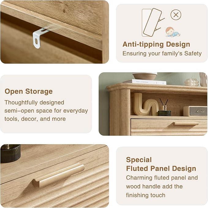 Okvnbjk Fluted Narrow Shoe Cabinet with 2 Flip Drawers, Modern Shoe Storage Cabinet with Open Storage & Curved Profile Design, Wood Shoes Rack for Entryway, Hallway, Foyer, Oak