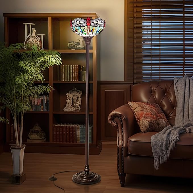 Capulina Tiffany Floor Lamp, Dragonfly Stained Glass Shade, Dark Bronze Pole, Torchiere Standing Light