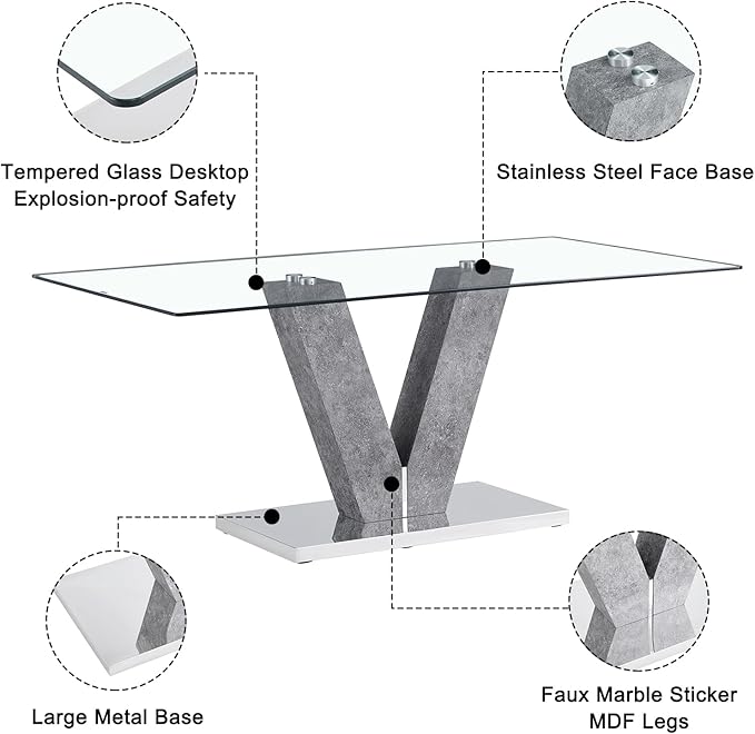 Glass Dining Table Set for 8,Modern Dining Room Table Set,Rectangular Transparent Glass Kitchen Table with 8 Black PU Leather Dining Chairs,Ideal for Kitchen Living Room