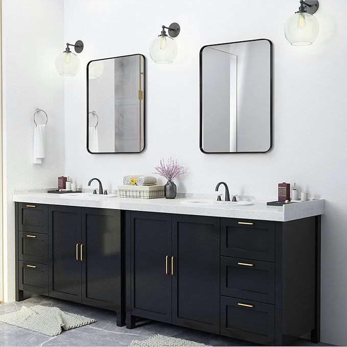 Black Framed Bathroom Mirror for Wall, Matte Black Rounded Corner Rectangle Vanity Mirror, Brushed Frame, Tempered Glass, Anti-Rust, Hangs Horizontally or Vertically (24" x 32", Black)
