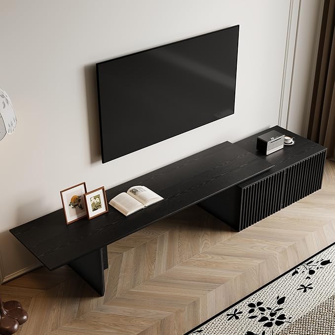 Modern TV Stand, Entertainment Center with Storage, Extendable TV Media Console for Up to 55+ Inch, Minimalist Television Cabinet for Living Room/Bedroom - Black (78.7"-110" Extendable)