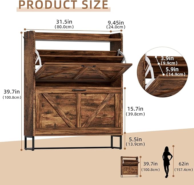 Urban Deco Shoe Storage Cabinet for Entryway, Organizer Shoe Cabinet with 2 Flip Drawers, Elegant 2 Tier Freestanding Shoe Cabinet (Brown)