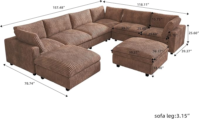 JACH 157" Modern Sectional Couch, Overzised Down Filled Soft Sofa, Deep Seat 8 Seater Convertible Modular Cloud Sofas for Living Room, Minimalist Couches,Sofa Cover Removable, Brown